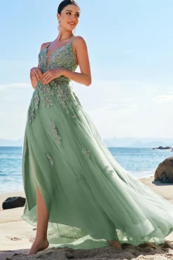 Verde A-Line Espaghetti Correias Tulle Long Prom Dress com Criss Cross Back