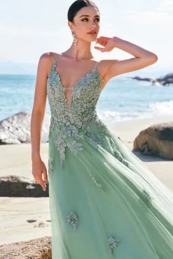 Verde A-Line Espaghetti Correias Tulle Long Prom Dress com Criss Cross Back