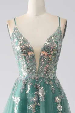 Verde A-Line espaguete alças longo vestido de baile com apliques de lantejoulas brilhantes