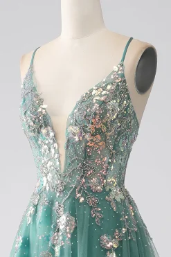 Verde A-Line espaguete alças longo vestido de baile com apliques de lantejoulas brilhantes