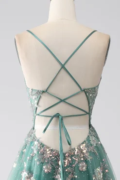 Verde A-Line espaguete alças longo vestido de baile com apliques de lantejoulas brilhantes