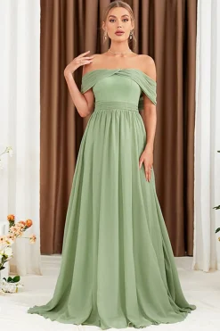 Verde A-Line fora do ombro Chiffon longo vestido de baile