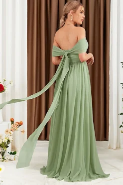 Verde A-Line fora do ombro Chiffon longo vestido de baile