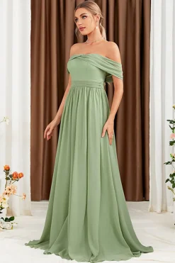 Verde A-Line fora do ombro Chiffon longo vestido de baile