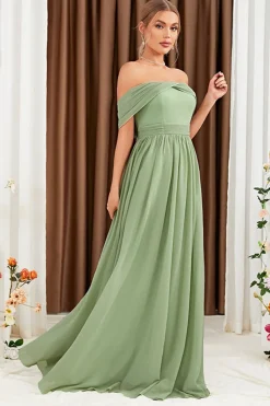 Verde A-Line fora do ombro Chiffon longo vestido de baile