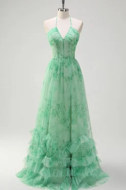 Verde A-Line Halter Floral Corset Ruffles Long Prom Dress com Fenda