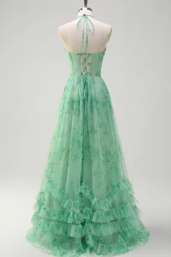 Verde A-Line Halter Floral Corset Ruffles Long Prom Dress com Fenda