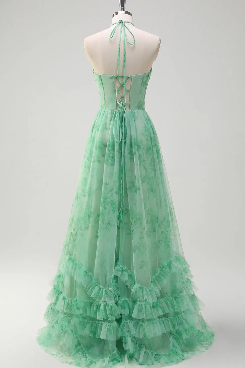 Verde A-Line Halter Floral Corset Ruffles Long Prom Dress com Fenda