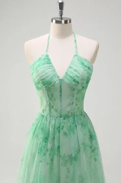 Verde A-Line Halter Floral Corset Ruffles Long Prom Dress com Fenda