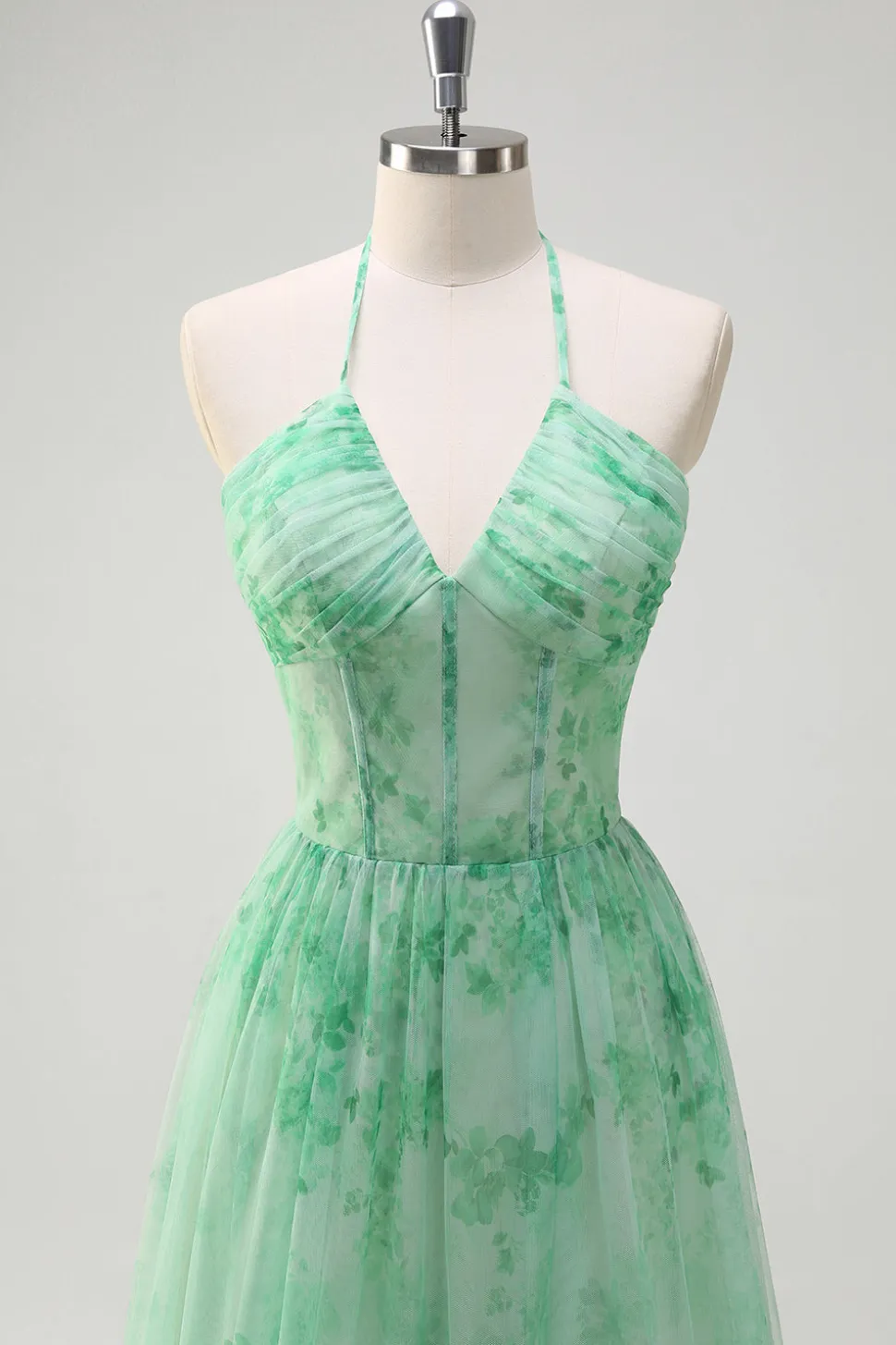 Verde A-Line Halter Floral Corset Ruffles Long Prom Dress com Fenda