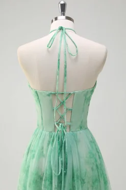 Verde A-Line Halter Floral Corset Ruffles Long Prom Dress com Fenda
