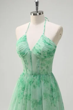 Verde A-Line Halter Floral Corset Ruffles Long Prom Dress com Fenda