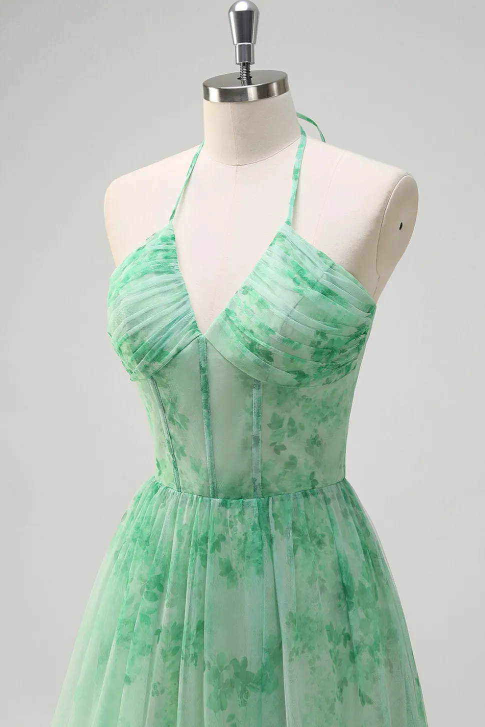 Verde A-Line Halter Floral Corset Ruffles Long Prom Dress com Fenda