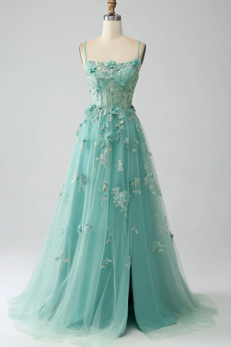 Verde A-Line Spaghetti Straps Long Corset Prom Dress com Apliques