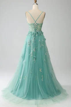 Verde A-Line Spaghetti Straps Long Corset Prom Dress com Apliques