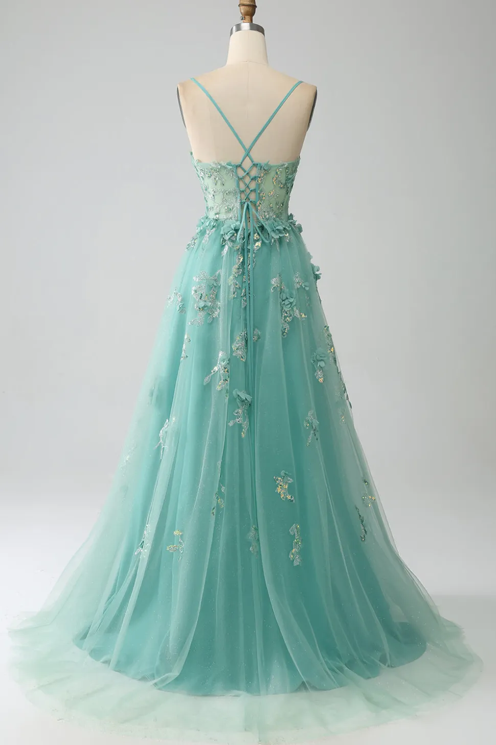 Verde A-Line Spaghetti Straps Long Corset Prom Dress com Apliques