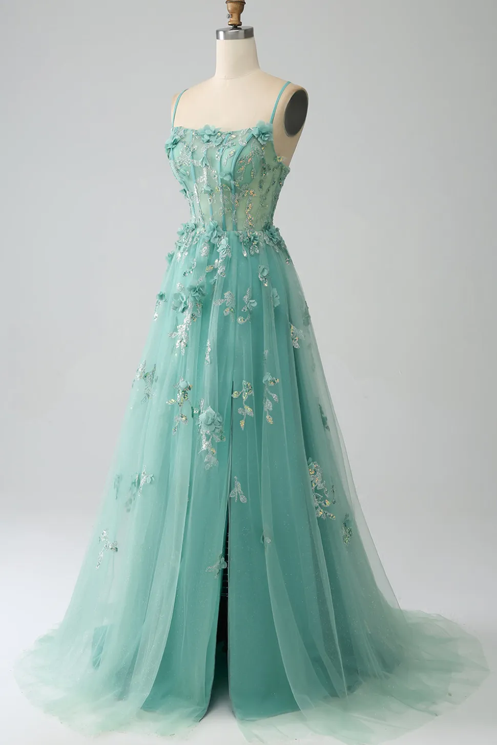 Verde A-Line Spaghetti Straps Long Corset Prom Dress com Apliques