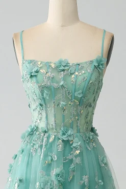 Verde A-Line Spaghetti Straps Long Corset Prom Dress com Apliques