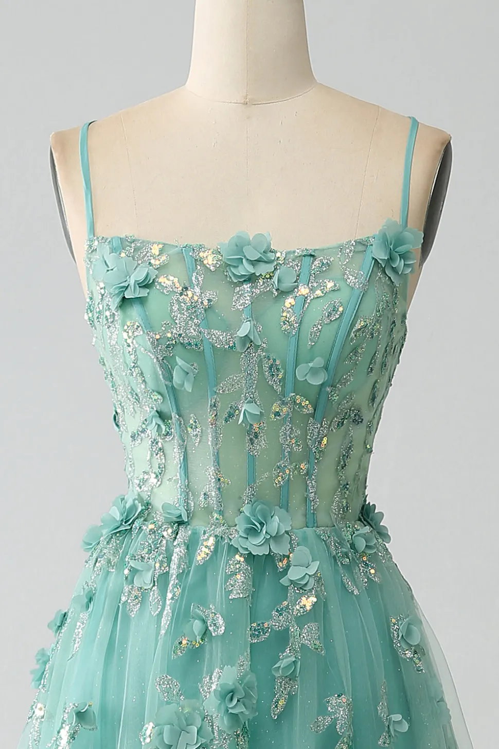 Verde A-Line Spaghetti Straps Long Corset Prom Dress com Apliques