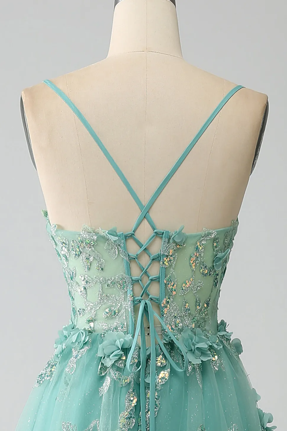 Verde A-Line Spaghetti Straps Long Corset Prom Dress com Apliques