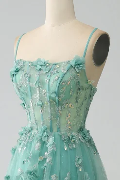 Verde A-Line Spaghetti Straps Long Corset Prom Dress com Apliques