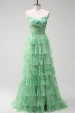 Verde A-Line Strapless Floral Floral Ruffles Long Prom Dress com Fenda