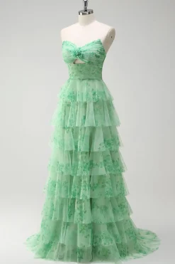 Verde A-Line Strapless Floral Floral Ruffles Long Prom Dress com Fenda