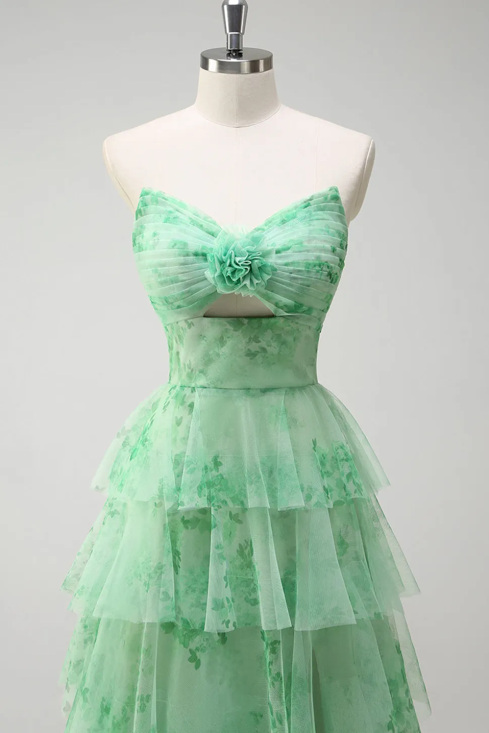 Verde A-Line Strapless Floral Floral Ruffles Long Prom Dress com Fenda