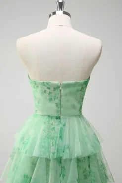 Verde A-Line Strapless Floral Floral Ruffles Long Prom Dress com Fenda