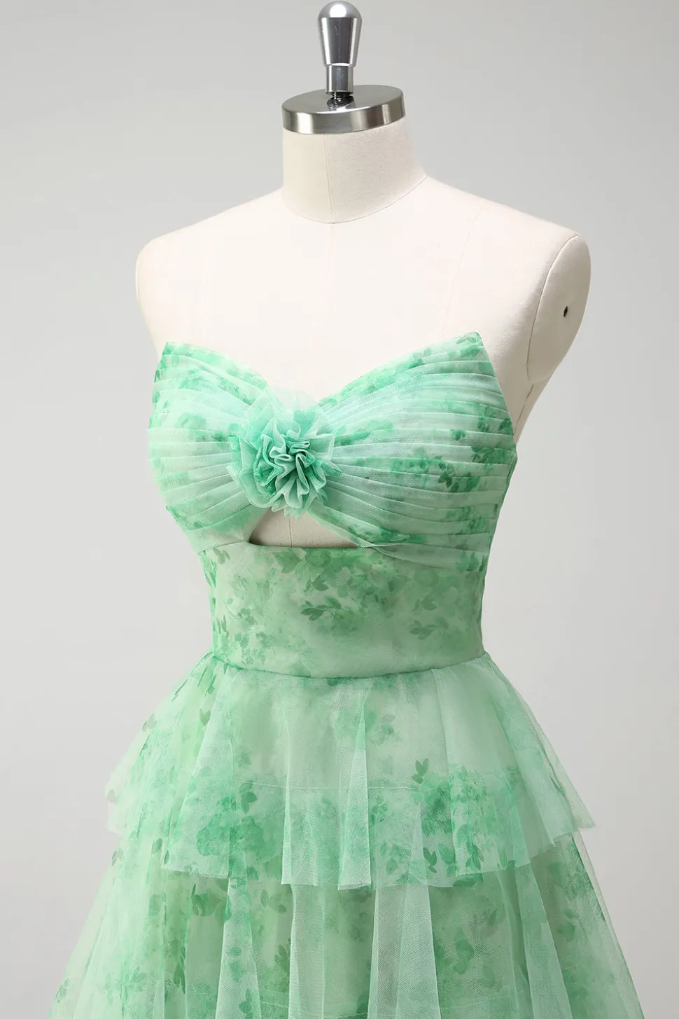 Verde A-Line Strapless Floral Floral Ruffles Long Prom Dress com Fenda