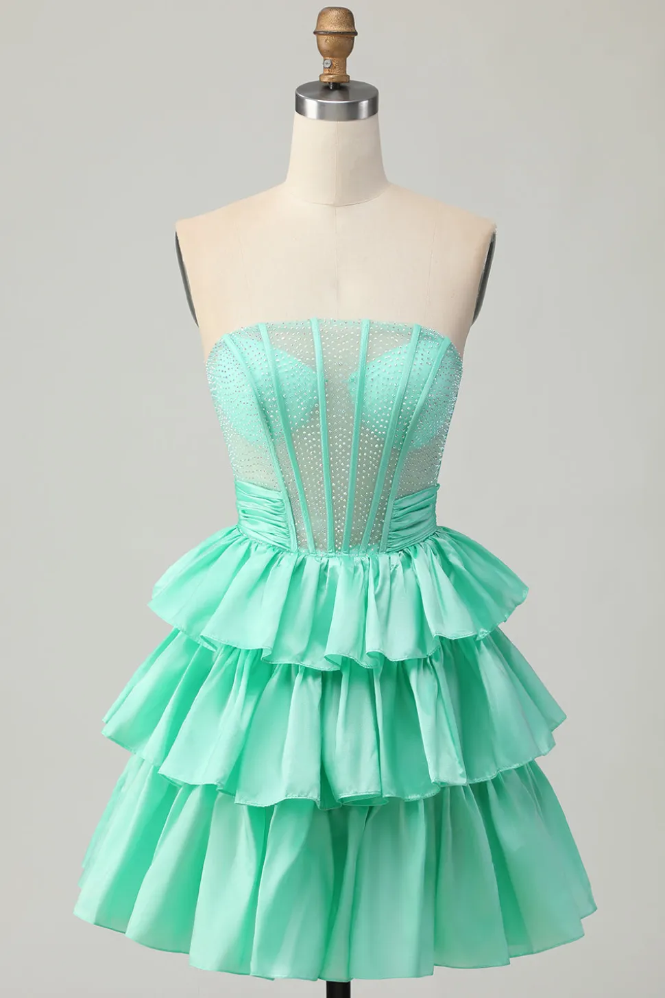 Verde A-line Strapless Tiered Corset frisado curto Homecoming Dress com arco