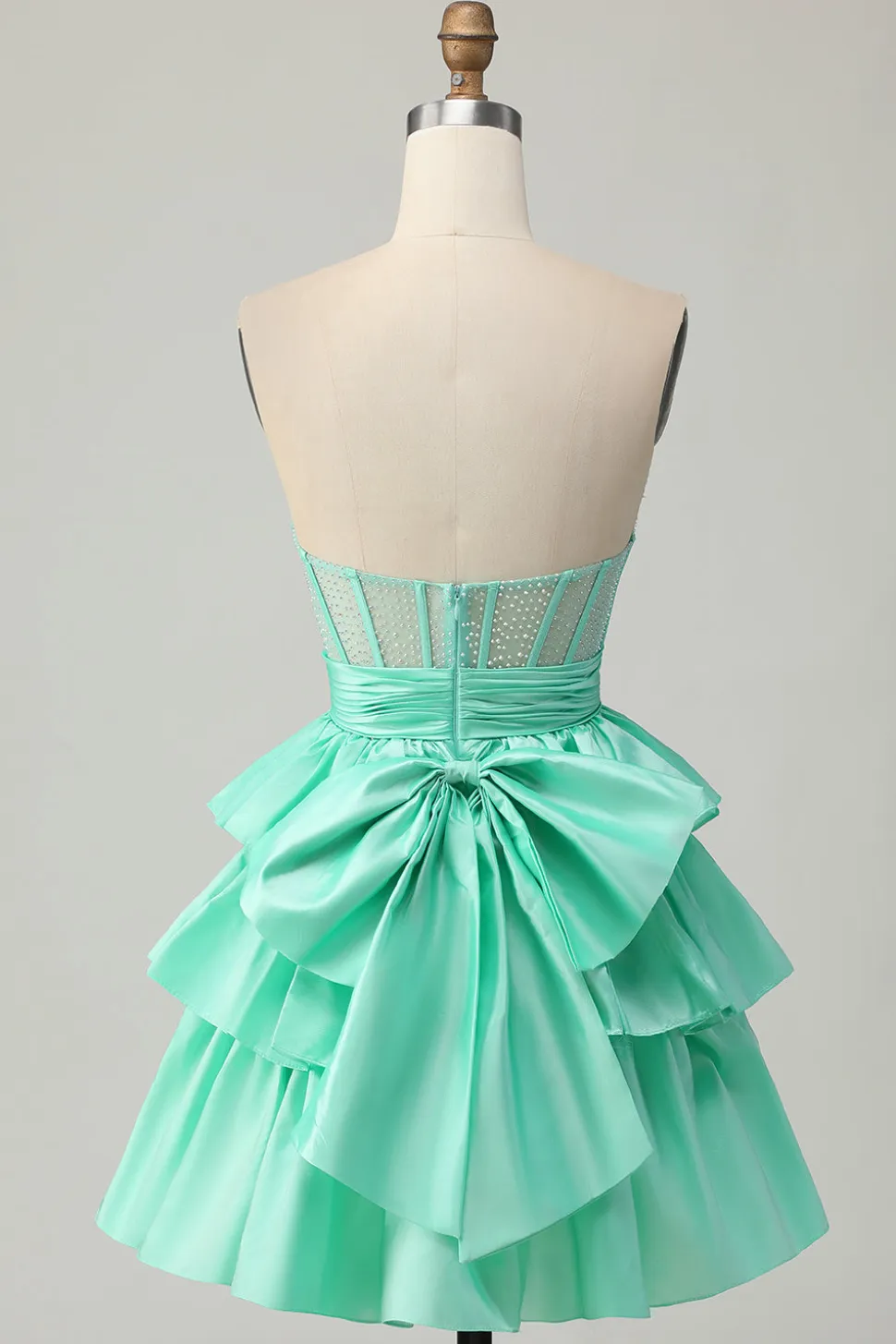 Verde A-line Strapless Tiered Corset frisado curto Homecoming Dress com arco