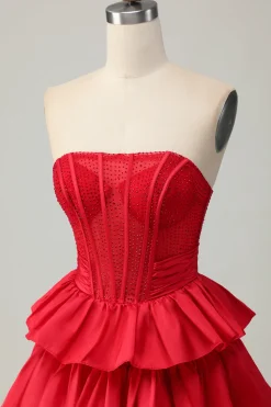 Verde A-line Strapless Tiered Corset frisado curto Homecoming Dress com arco