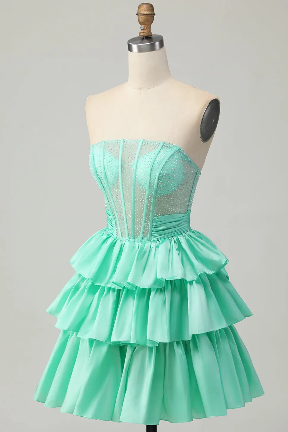 Verde A-line Strapless Tiered Corset frisado curto Homecoming Dress com arco
