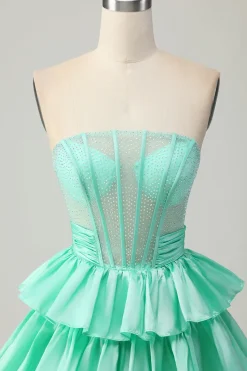 Verde A-line Strapless Tiered Corset frisado curto Homecoming Dress com arco