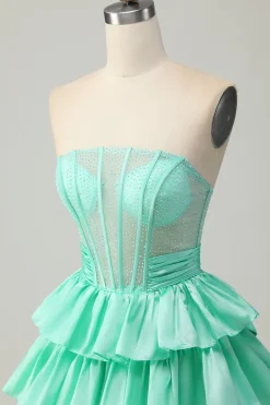 Verde A-line Strapless Tiered Corset frisado curto Homecoming Dress com arco