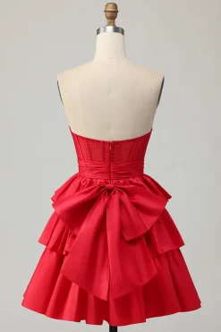 Verde A-line Strapless Tiered Corset frisado curto Homecoming Dress com arco