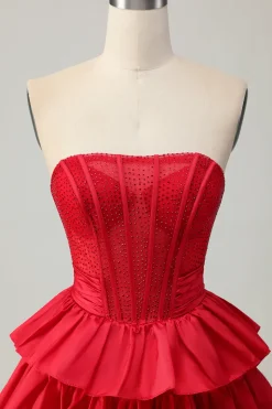 Verde A-line Strapless Tiered Corset frisado curto Homecoming Dress com arco