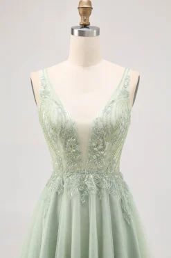 Verde A-line Tule Backless frisado vestido curto Homecoming com lantejoulas