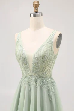 Verde A-line Tule Backless frisado vestido curto Homecoming com lantejoulas