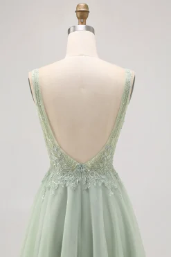Verde A-line Tule Backless frisado vestido curto Homecoming com lantejoulas