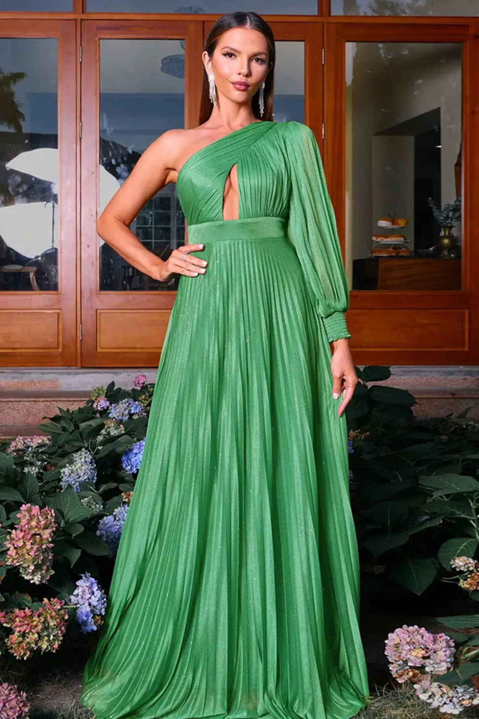 Verde A-Line Um ombro manga longa plissado longo vestido formal
