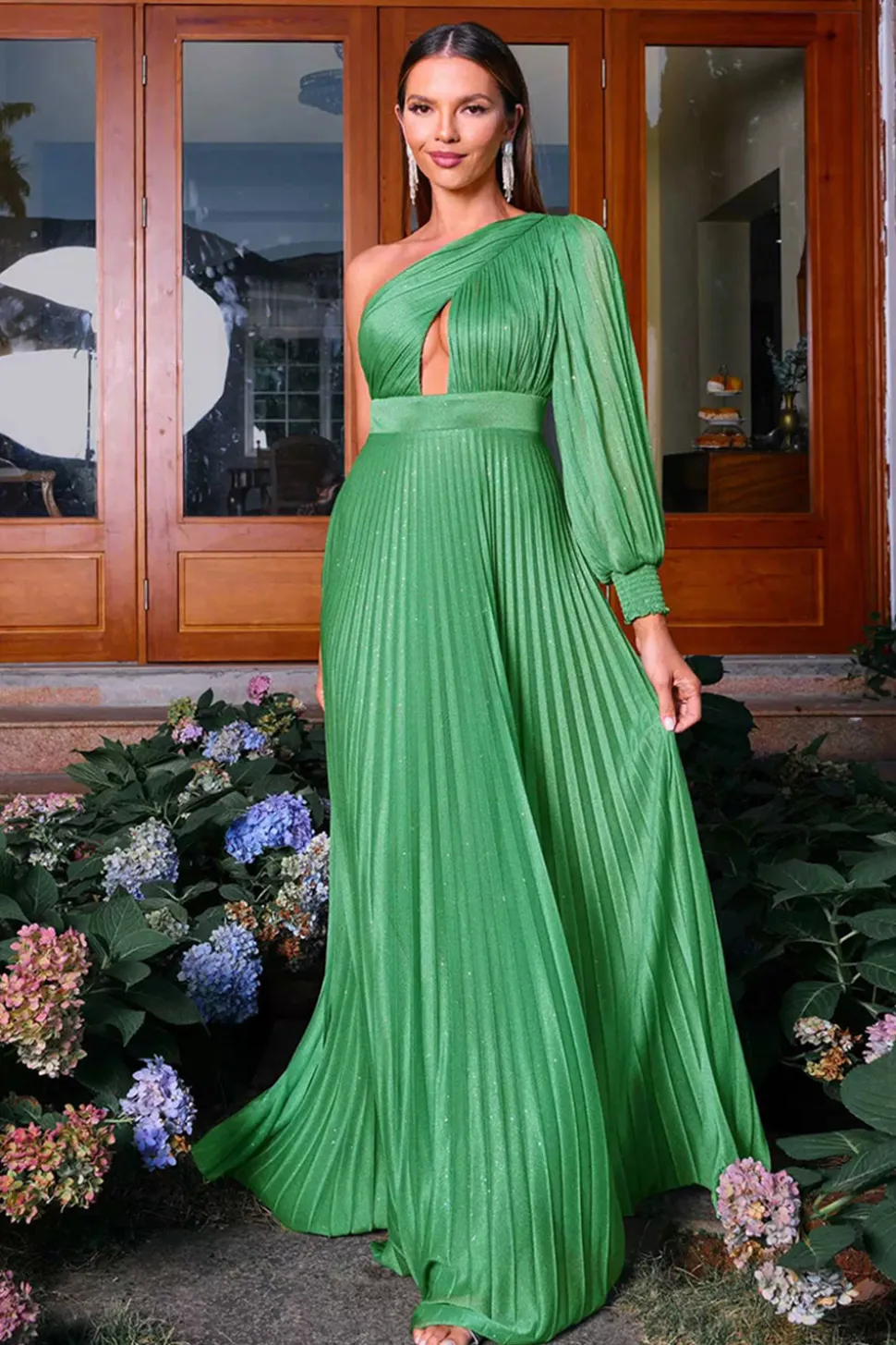 Verde A-Line Um ombro manga longa plissado longo vestido formal
