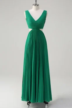 Verde A-Line V Pescoço Ruched Chiffon Joelho Comprimento Vestido Madrinha