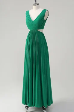 Verde A-Line V Pescoço Ruched Chiffon Joelho Comprimento Vestido Madrinha