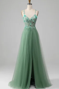 Verde brilhante A-Line espaguete correias espartilho vestido de baile com apliques