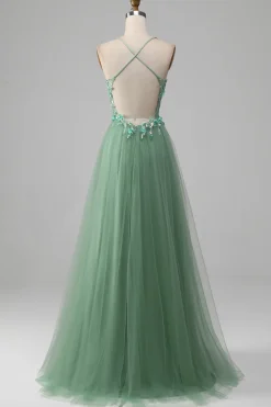 Verde brilhante A-Line espaguete correias espartilho vestido de baile com apliques