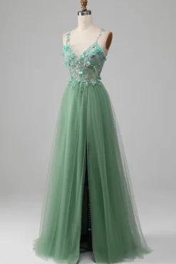 Verde brilhante A-Line espaguete correias espartilho vestido de baile com apliques