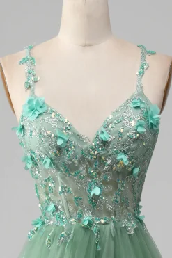 Verde brilhante A-Line espaguete correias espartilho vestido de baile com apliques