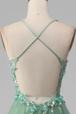 Verde brilhante A-Line espaguete correias espartilho vestido de baile com apliques